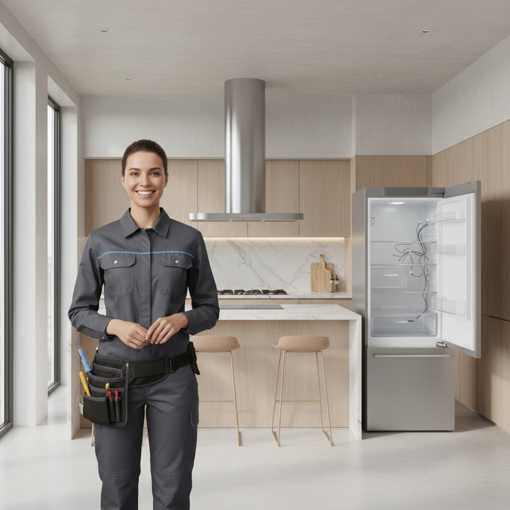 Smiling appliance repair technician in a modern Palm Springs kitchen